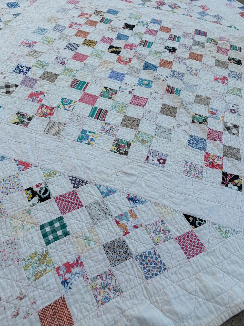 Vintage 1920-1940s checkerboard Irish quilt patchwork diamond feed sack blanket